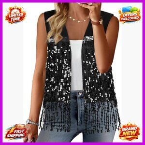 Sequin Fringe Sleeveless Vest Lightweight Fitted Sparkly Cardigan Jacket